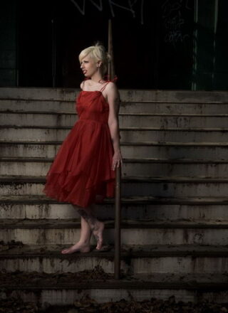 Lynn Pops In Her Red Dress Stripping On The Steps With Her Boobs Out