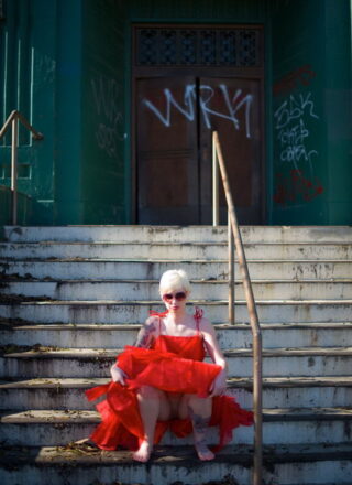 Lynn Pops In Her Red Dress Stripping On The Steps With Her Boobs Out