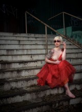 Lynn Pops In Her Red Dress Stripping On The Steps With Her Boobs Out