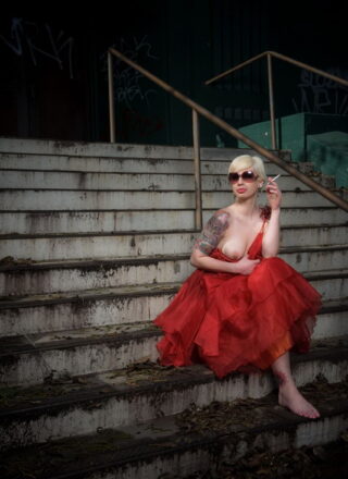 Lynn Pops In Her Red Dress Stripping On The Steps With Her Boobs Out
