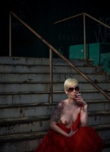 Lynn Pops In Her Red Dress Stripping On The Steps With Her Boobs Out