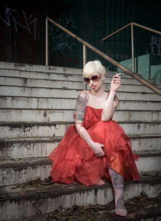 Lynn Pops In Her Red Dress Stripping On The Steps With Her Boobs Out