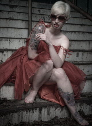 Lynn Pops In Her Red Dress Stripping On The Steps With Her Boobs Out