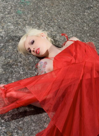 Lynn Pops In Her Red Dress Stripping On The Steps With Her Boobs Out