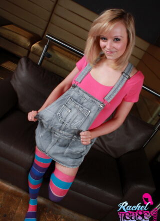 Beautiful Blonde Rachel Loves To Tease In Her Cute Pink Teddy And Socks
