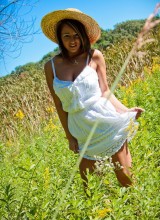 Perfect Nikki On A Perfect Summer Day. White Dress Cute Hat And Naked In The Field