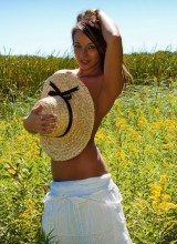 Perfect Nikki On A Perfect Summer Day. White Dress Cute Hat And Naked In The Field