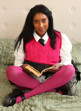 Only-Opaques: Amber Hill in a college uniform and pink tights